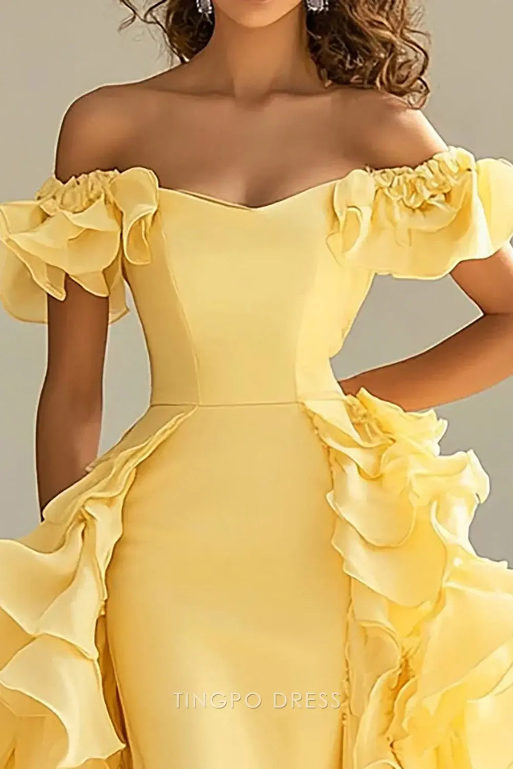 Elegant A-Line Off - Shoulder Ruffle Detail Mermaid Sweep/Brush Train Maxi Dress Prom Dress